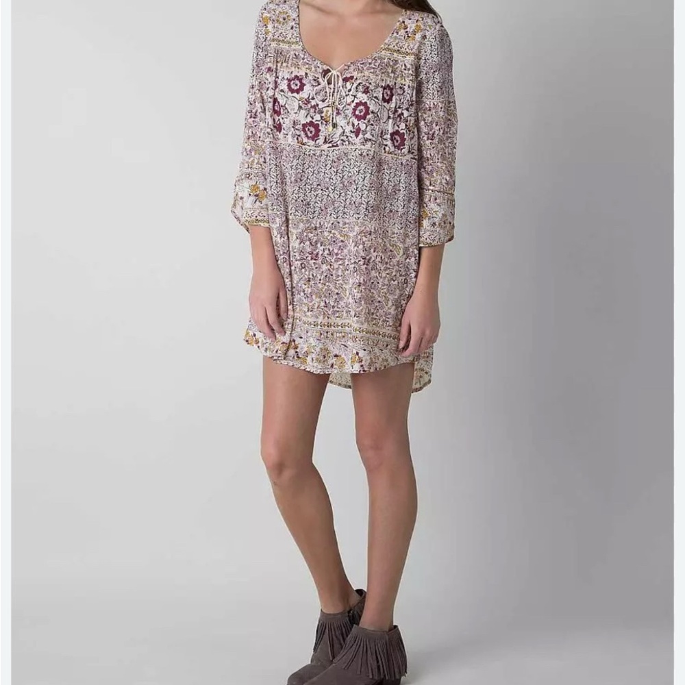 Billabong Take Me Away Ivory Floral Tunic with Maroon & Mustard Accents S
